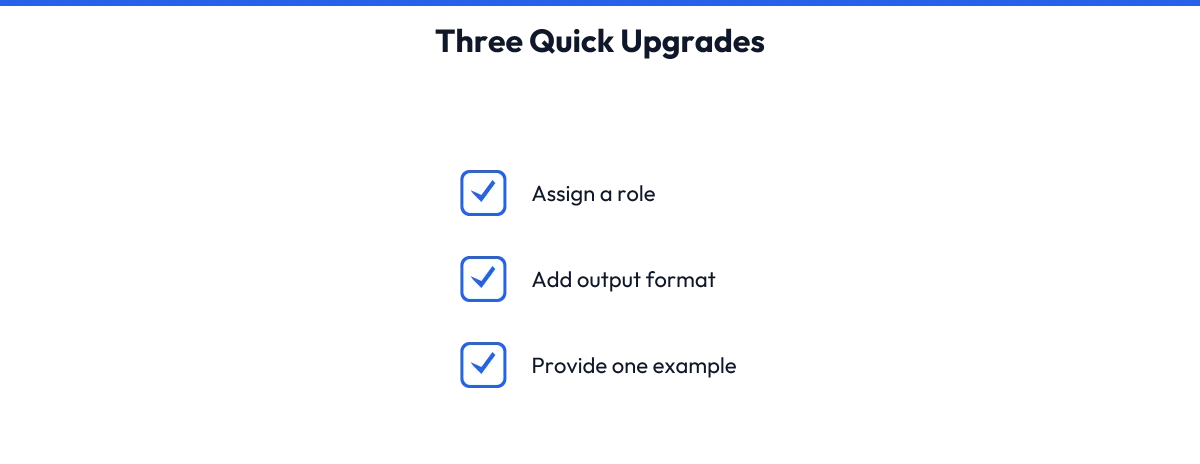 A checklist diagram showing three small refinements to basic prompts that improve AI output without advanced techniques.