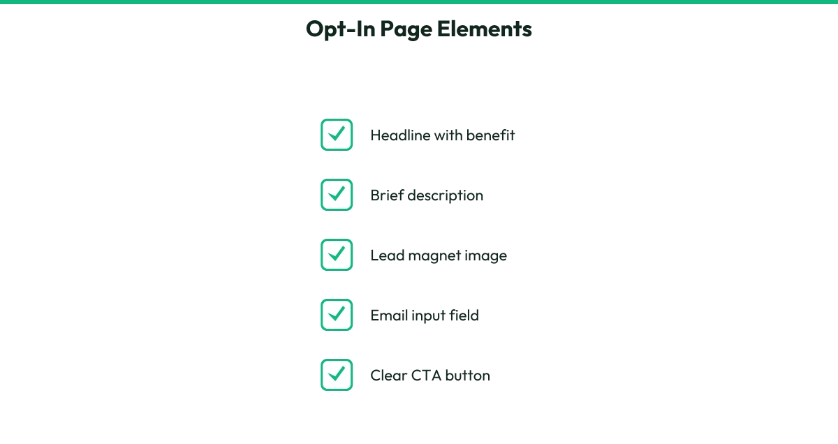 A checklist diagram showing the five essential elements of a high-converting opt-in page.