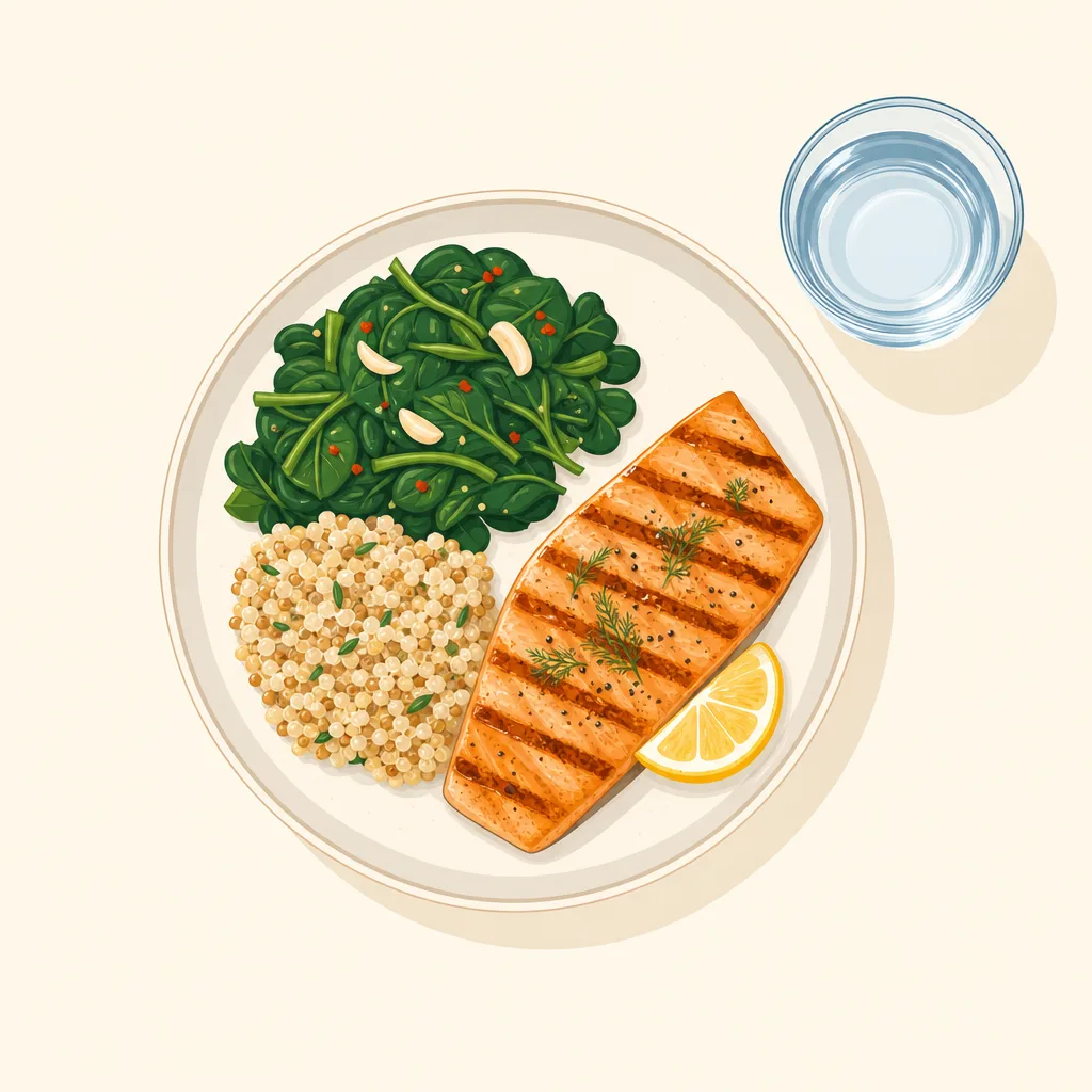Illustration of a balanced core-friendly meal plate with lean protein, vegetables, and whole grains.