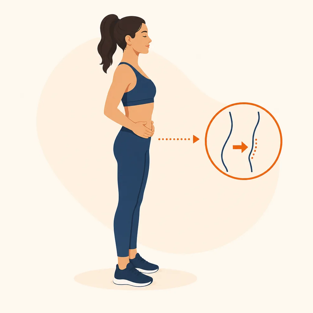 Illustration of a person demonstrating the Standing Core Pull exercise with belly drawn inward and proper posture.